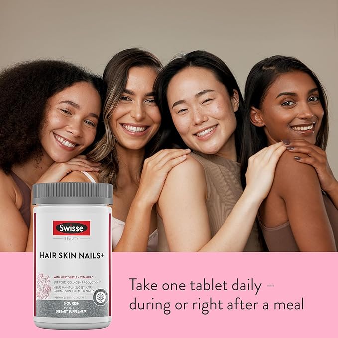 Swisse Biotin Hair Skin and Nails Collagen Supplement for Women & Men | Milk Thistle, Biotin, Vitamin C, Zinc, Iron | Supports Hair Growth Production | 150 Tablets