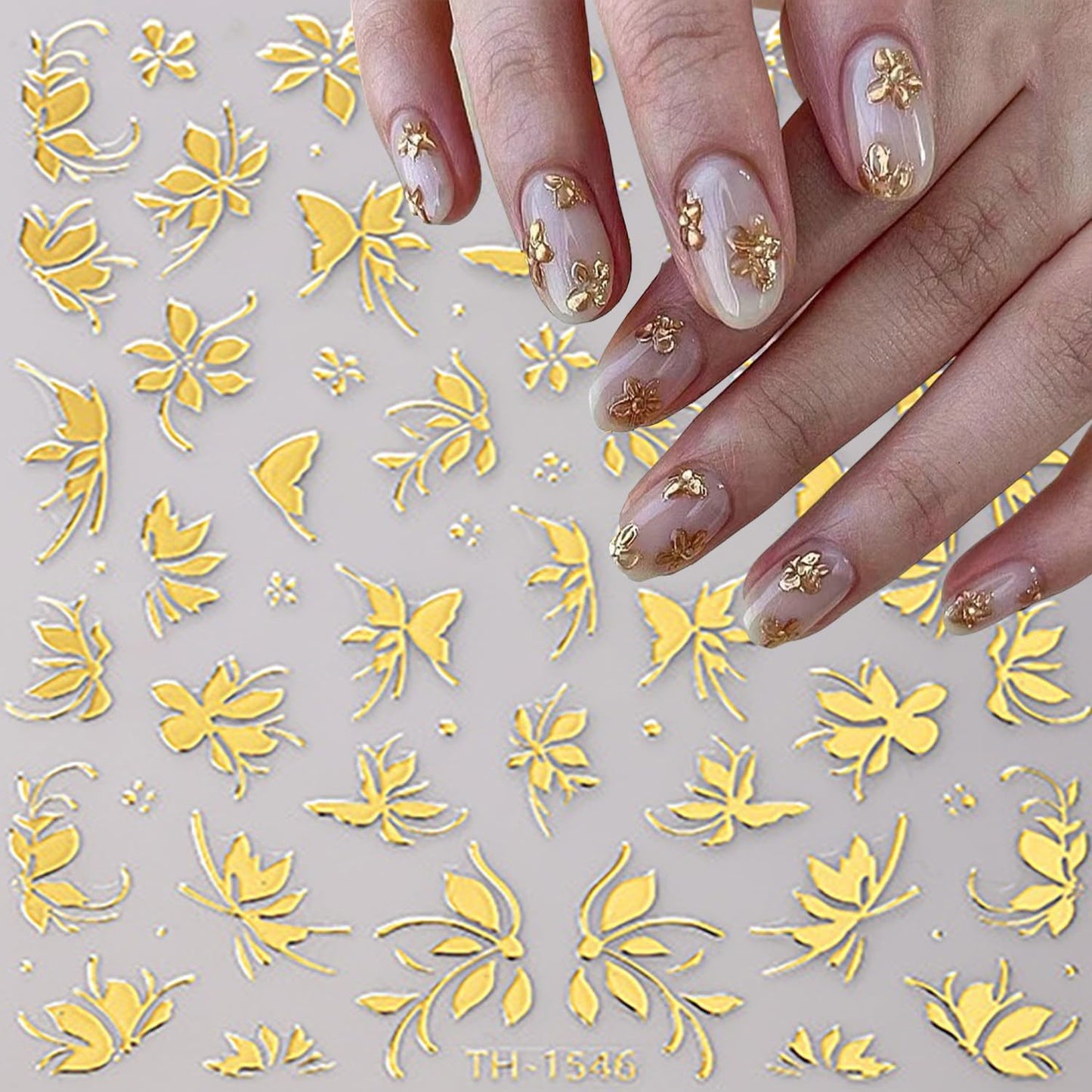 6Sheets Gold Nail Art Stickers 3D Self-Adhesive Nails Sticker Flower Nail Art Decals Holographic Golden Floral Leaves Nails Decal Decoration for Women Blossom Manicure Tip DIY Nail Sticker Supplies