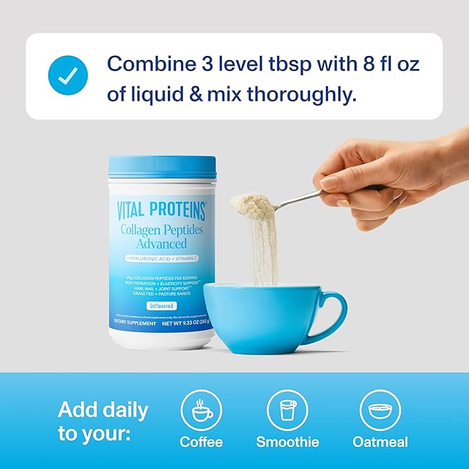 Vital Proteins Grass Fed Collagen Powder Supplement Hydrolyzed Peptides with Hyaluronic Acid and Vitamin C - Non-GMO, Dairy & Gluten Free Unflavored, 9.33oz