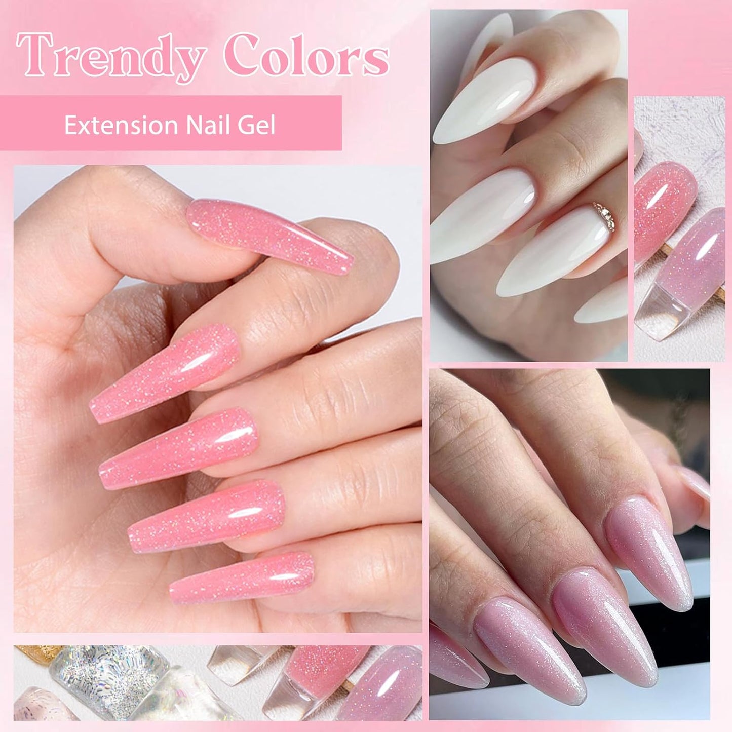 MEET ACROSS Poly Nail Gel Set - 6 Colors Glitter Extension Nails, Long Lasting, Shiny-looking, Strong Builder Enhancement for Salon Manicure DIY at Home 20ML Clear White Glitter Pink