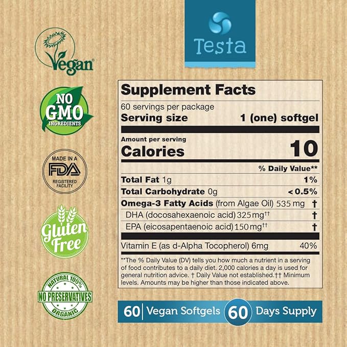 Testa Omega-3 Supplement - Vegan Based Omega 3 DHA EPA Capsules from Algae - Omega 3 Fatty acids - Supports Heart, Brain & Joint Health - Plastic Negative, RTG, and Kosher - Two Months Supply