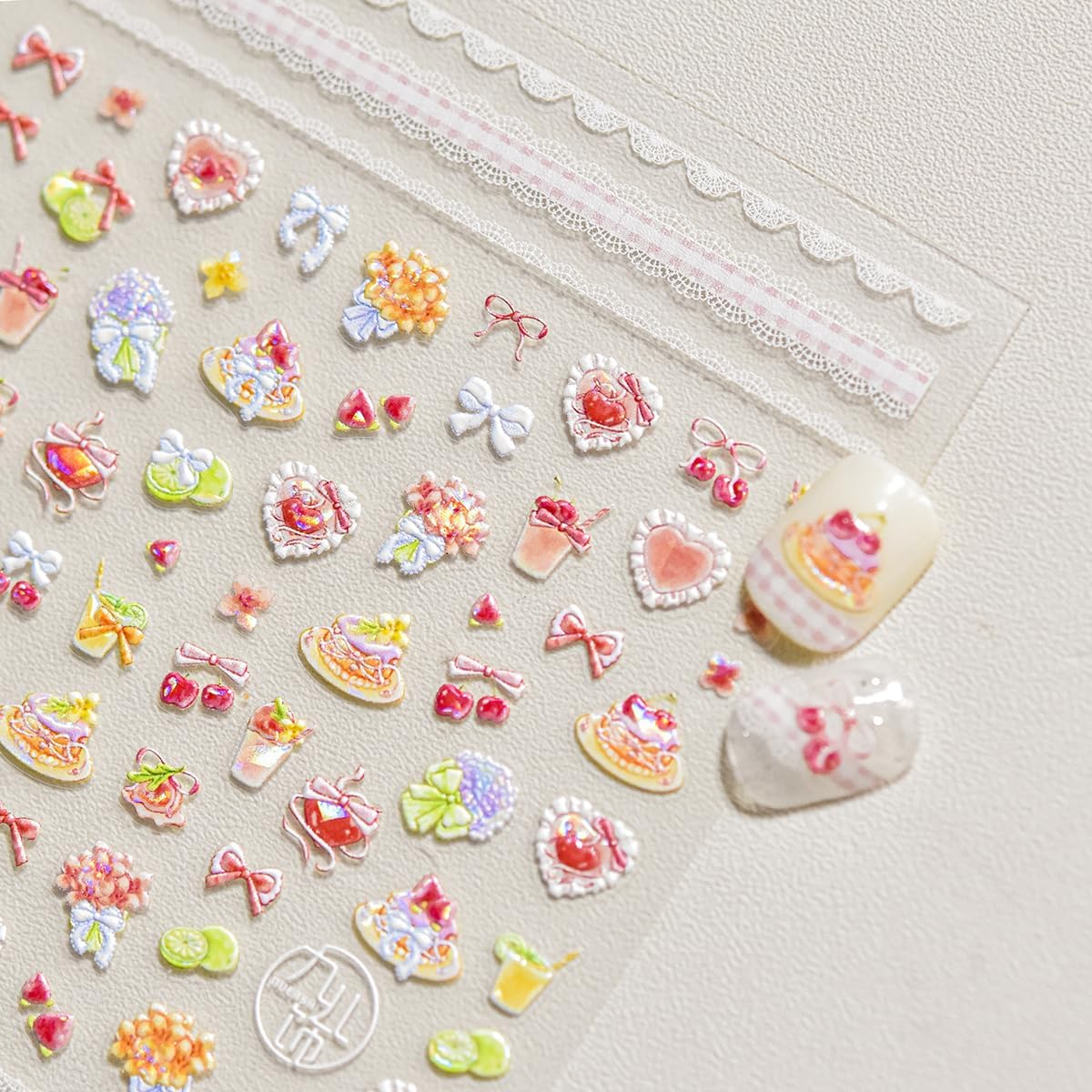 5D Embossed Shortcake Nail Stickers for Nail Art Pink Bow Heart Nail Decals Summer Cute Stickers for Nails Designs Self Adhesive Nail Supplies & Decorations for Women Girls 1 Sheet