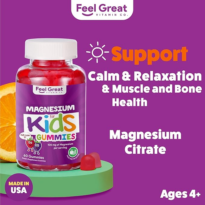 Feel Great Kids Calm Magnesium Gummies - Magnesium Supplement for Children - Magnesium Citrate Gummies - 60 Count