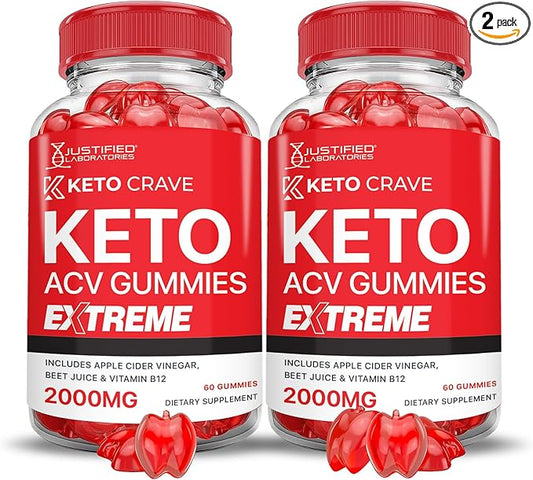 (2 Pack) Keto Crave Keto ACV Gummies Extreme 2000MG Keto Crave Keto Gummies Advanced Formula Apple Cider Vinegar with Pomegranate Beet Juice Powder B12 Vegan Non GMO 120 Gummys
