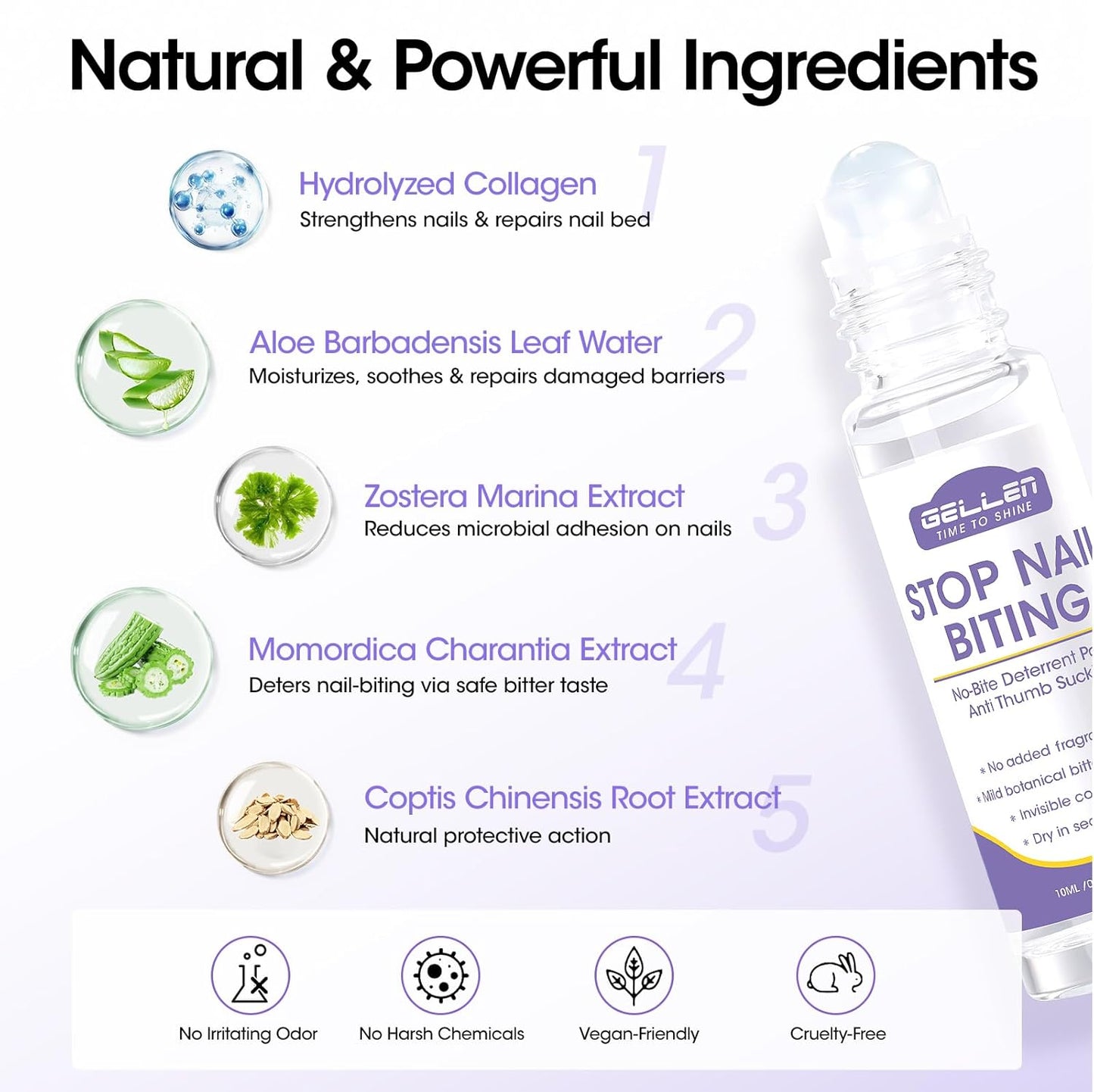 Gellen Nail Biting Treatment for Kids & Adults, Roll-On Stop Thumb Sucking Deterrent, 10ml Nail Biting Prevention, Quick Dry & Water-Resistant No Bite Nail Polish, Nail Care Solution