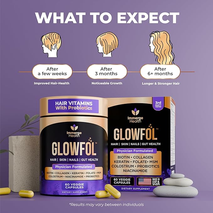 Biotin Collagen Supplement with Probiotics, Colostrum, Hyaluronic Acid and Keratin for Faster Hair Growth | Hair Skin Nails Vitamins For Women and Men | Biotin Hair Growth Supplement | 60 Capsules