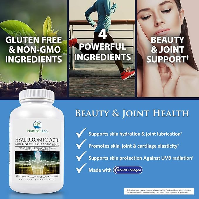 Nature's Lab Hyaluronic Acid with Biocell Collagen and MSM - Skin Hydration, Joint Health - 60 Capsules (20 Day Supply)