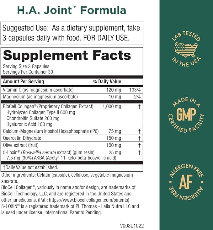 Purity Products HA Joint Formula Hyaluronic Acid + Key CoFactors - Joint + Skin Multi Collagen (Type I, II & III) - 5-Loxin - Olive Fruit Extract - Joint Flexibility + Mobility - 90 Capsules (2)