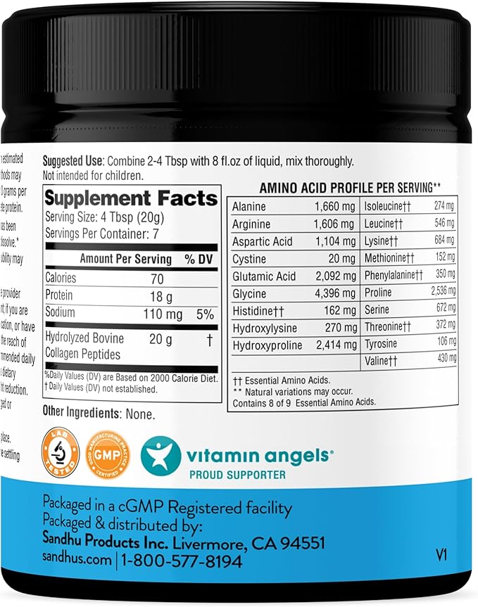 Sandhu's Collagen Peptides Powder|4.9 oz Unflavored| Grass-Fed Hydrolyzed Bovine Collagen |Made in USA| Supports Youthful Skin, Hair, Nails, Mobility, Flexibility, Joint & Bone Health