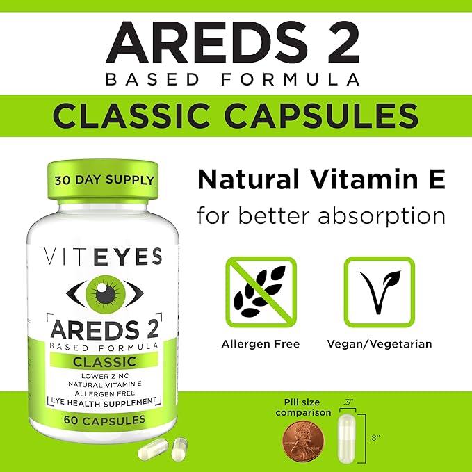 Viteyes AREDS 2 Eye Vitamins, Classic Macular Support, Allergen Free Capsules, with Natural Vitamin E, Vitamin C, Zinc, Copper, Lutein & Zeaxanthin, Eye Doctor Trusted, Manufactured in The USA, 60 Ct