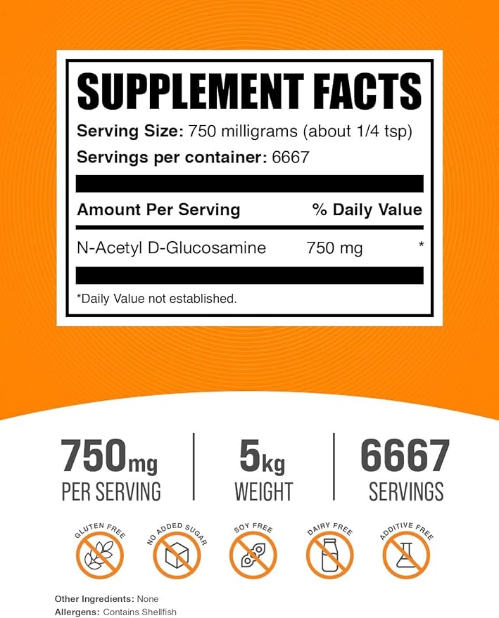 BulkSupplements.com N-Acetyl Glucosamine Powder - NAG Powder, Glucosamine 750mg, Glucosamine Supplement - Glucosamine Powder, Gluten Free, 750mg of per Serving, 5kg (11 lbs) (Pack of 5)