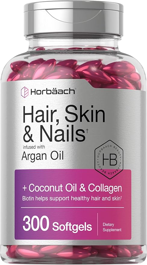 Horbäach Hair Skin and Nails Vitamins | 300 Softgels | with Biotin and Collagen | Infused with Argan Oil and Coconut Oil | Non-GMO, Gluten Free Supplement