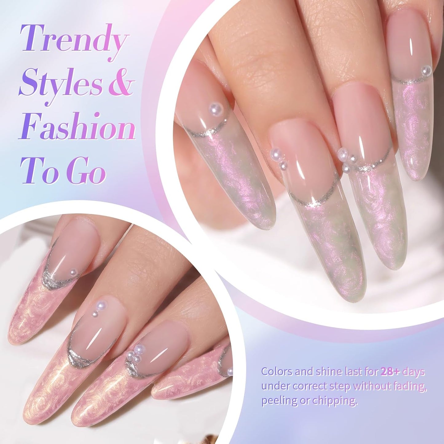 Born Pretty Pearl Gel Nail Polish, 6 Colors Pearl Pink White Purple Shimmer Mermaid Gel Polish Nail Drawing Glitter Polish Soak Off Led Swirl Shell Thread Effect DIY Manicure Gift for Women