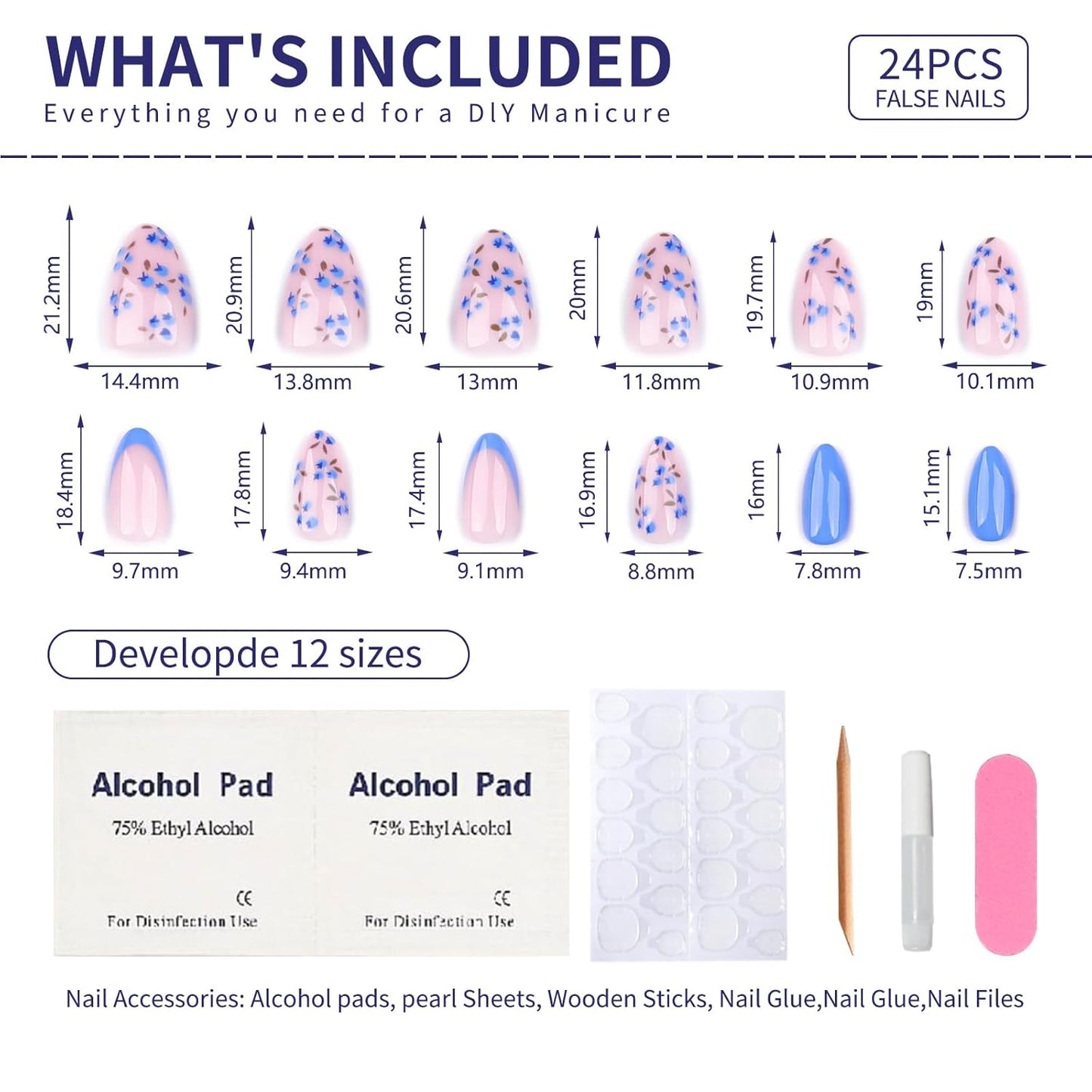 Summer Fall Press On Nails Short Almond, Nude and Blue Fake Nails Featuring Blue Floral Accents, Glossy Finish Acrylic Nails, Thick Reusable Glue On Nails for Women, 24Pcs