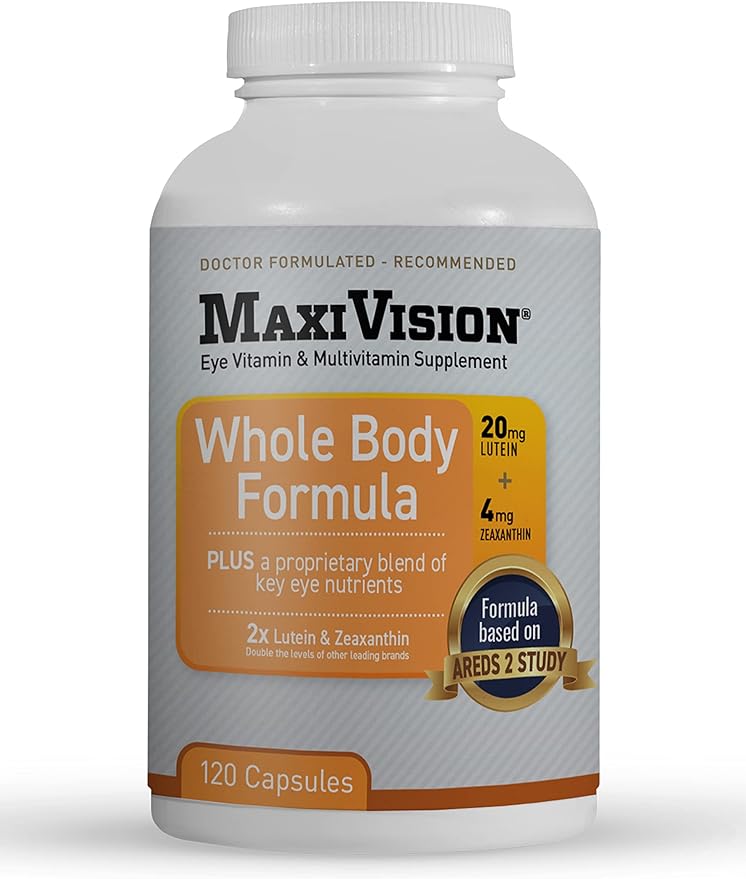 MaxiVision® AREDS 2 Whole Body Formula - AREDS 2 Eye Vitamins w/Lutein and Zeaxanthin - for Macular Support - Eye Supplements for Eye Strain - 120 Capsules Count, 1 Bottle