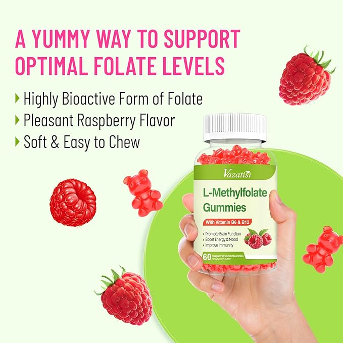 L-Methylfolate 15 mg Gummies with Methyl B12, Folate Supplement for Mood, Brain Health, Immune Support, Raspberry Flavor, 120 Count