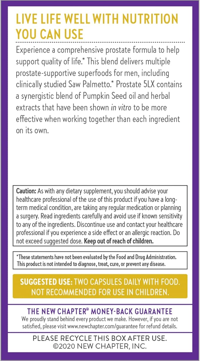 New Chapter Prostate Supplement - Prostate 5LX™ with Clinical Strength Saw Palmetto + Fermented Selenium for Prostate Health - 120 ct Vegetarian Capsule