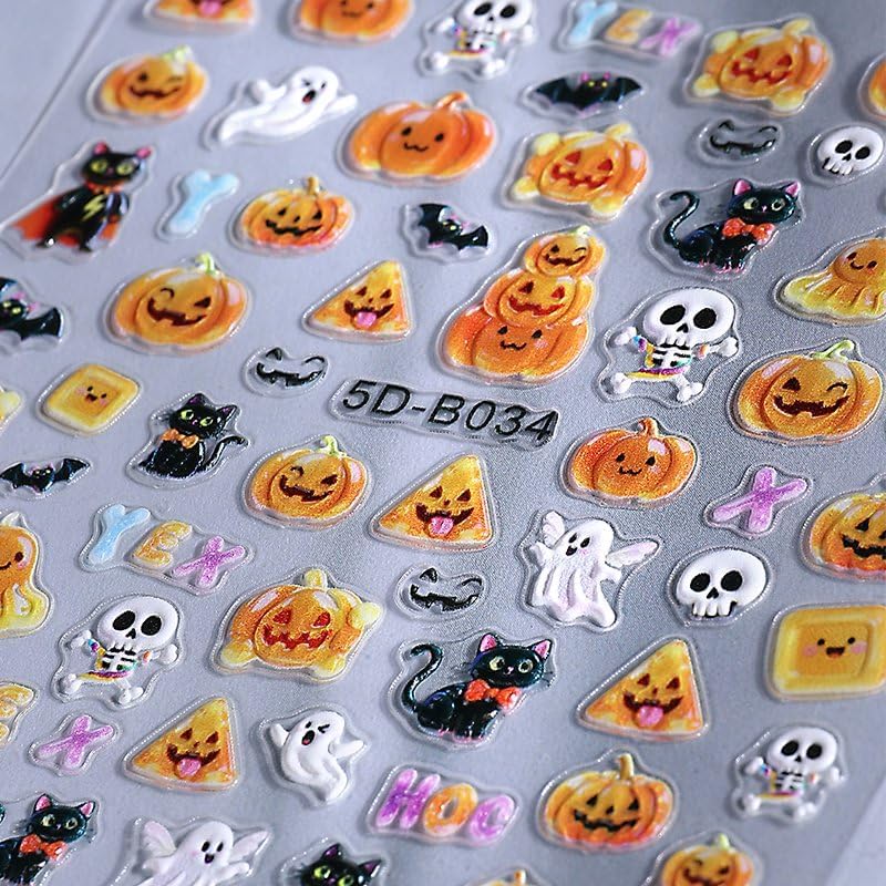 Halloween Nails Stickers White Cute Ghost Nails Sticker 5D Embossed Orange Pumpkins Self Adhesive Sticker Nail Decals Black Cat Nail Art Decal Halloween Decals for Nail DIY Manicure 2Sheet