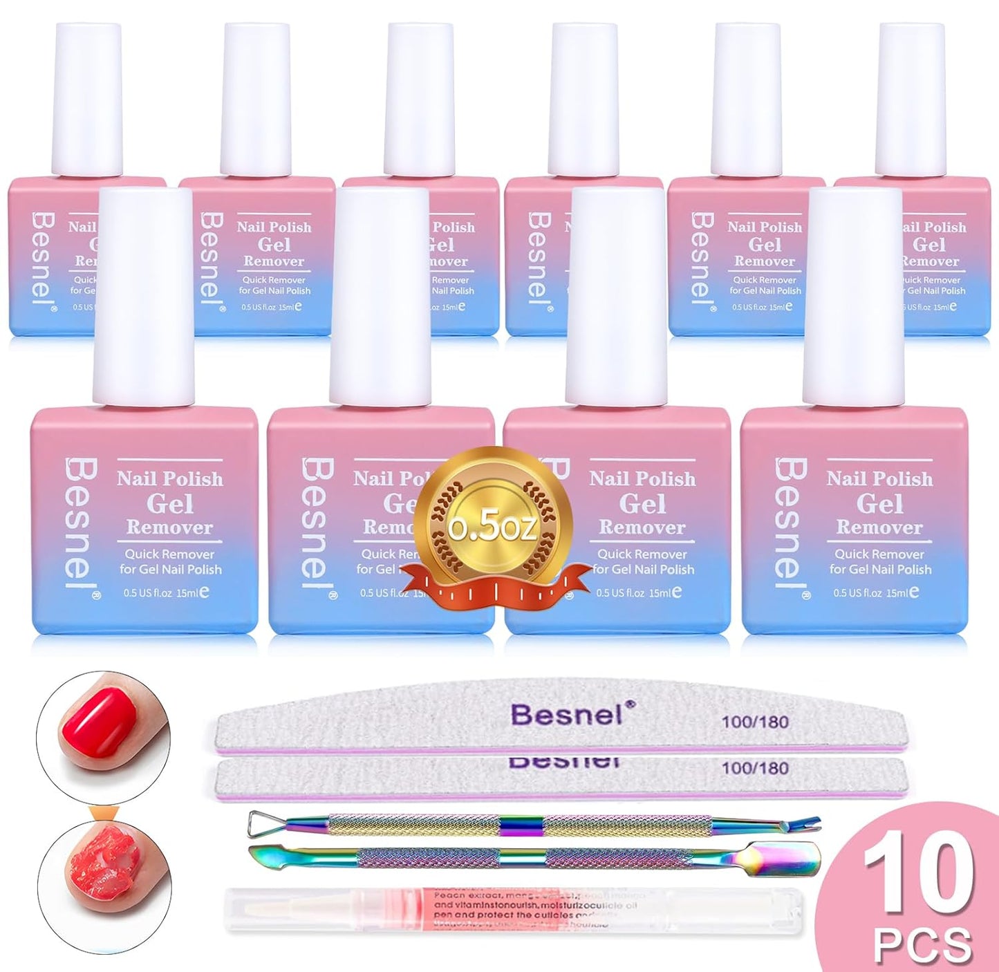 Gel Nail Polish Remover 10 Pack Professional Gel Polish Remover Non-Irritating Quick Easy, Nail Polish Gel Remover Tools Kit Nail File Cuticle Pusher File Grit, No Need For Foil Soaking Or Wrapping