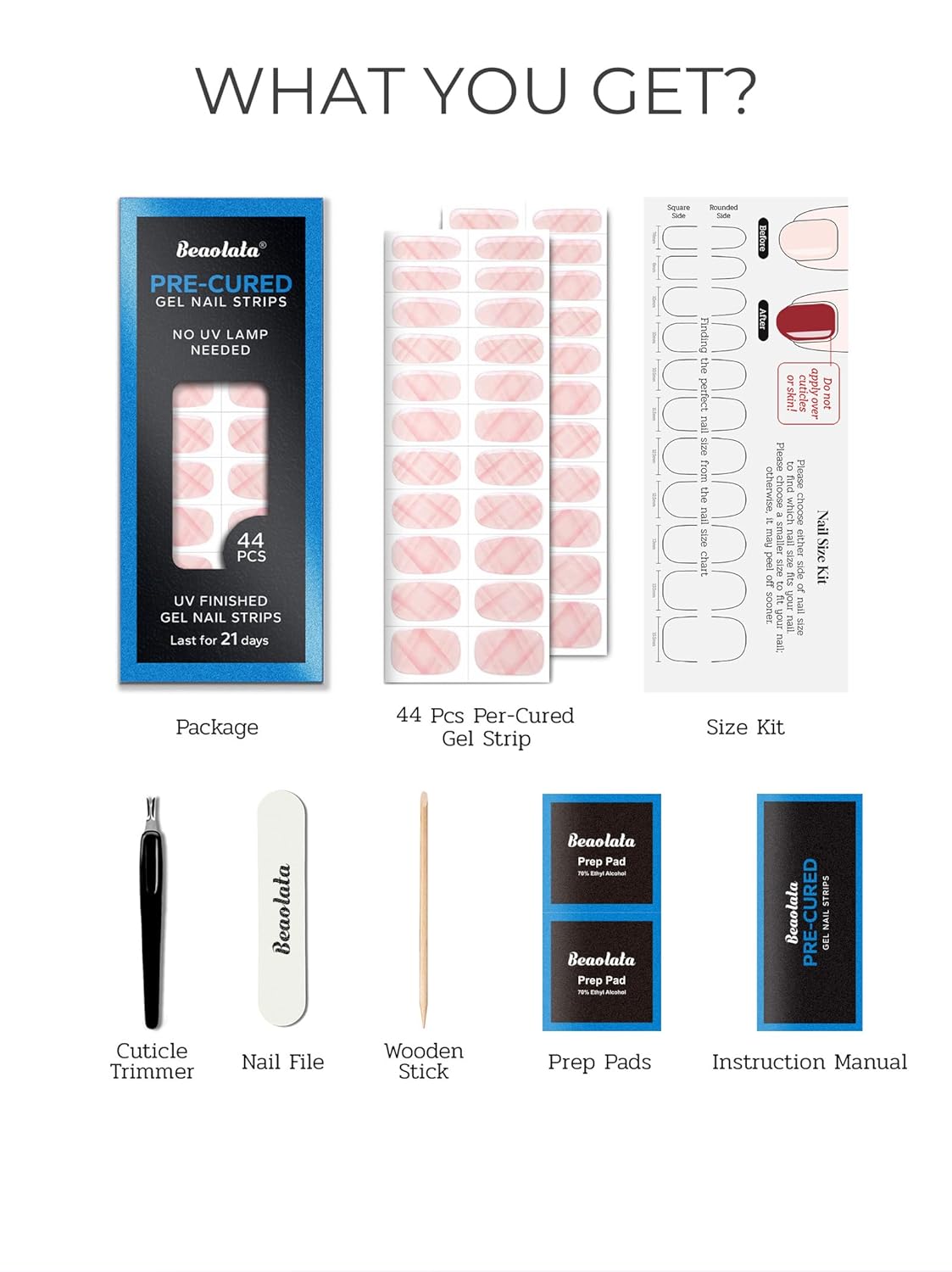 Pre Cured Gel Nail Strips - 44PCS Salon Quality Gel Nail Stickers - Long Lasting Polish Wraps for Women no UV Light Needed Easy Apply& Remove (Vintage Pink）