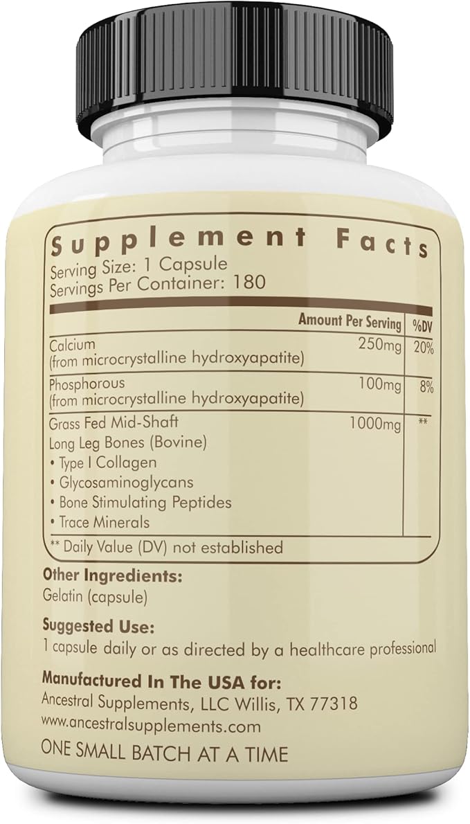 Ancestral Supplements Grass Fed Beef Living Bone Supplement, Bone Meal Capsules Support Bone Health, Oral and Joint Health and Flexibility, Non-GMO, 180 Capsules