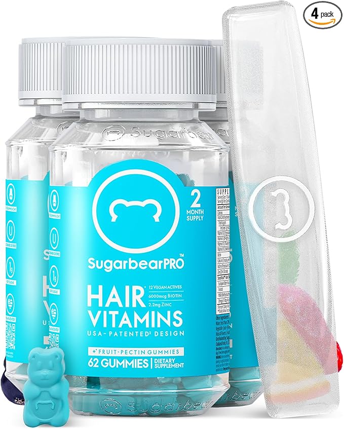 Sugarbear Hair Vitamin Gummy 6 Month Supply Extra Strength Biotin 6000mcg + Glass Nail File -Growth for Men & Women, Vegan Vitamin B12, MSM, Inositol, Elderberry, Certified Kosher, Halal, Cruelty-Free