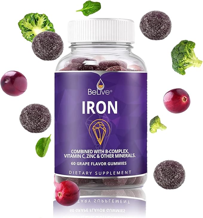 BeLive Iron Gummies - Multivitamin Iron Supplement with Vitamin C, A, B & Zinc, Supports Blood Oxygen, Vegan Iron Supplements for Women, Men & Kids for Growth and Development - Grape Flavor | 3-Pack