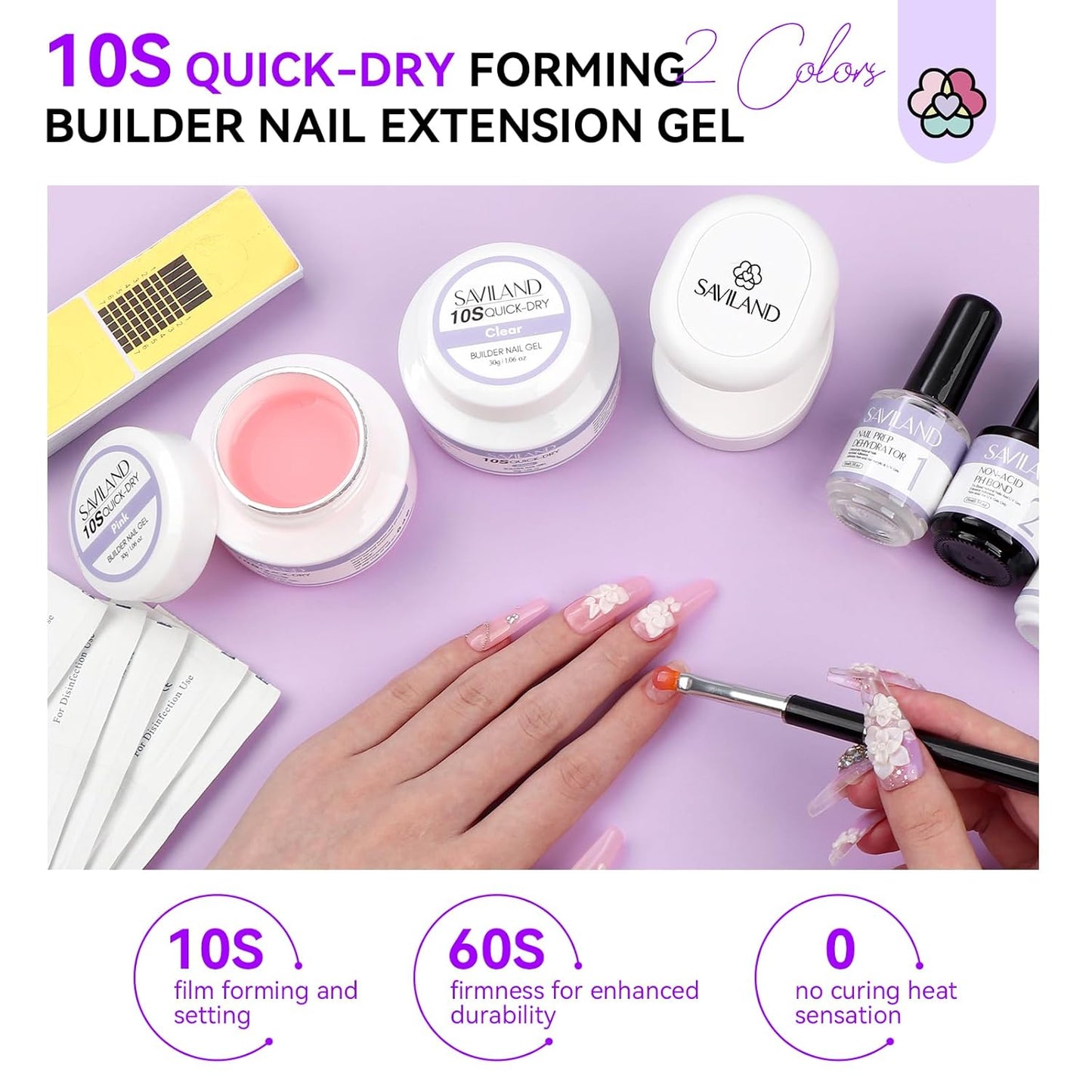 SAVILAND Quick-dry Builder Nail Gel Kit - Clear Pink Builder Hard Gel with Mini UV Light, Top Gels, Dehydrator, Non-acid PH Bond Primer and Nail Extension Application Tools for beginners
