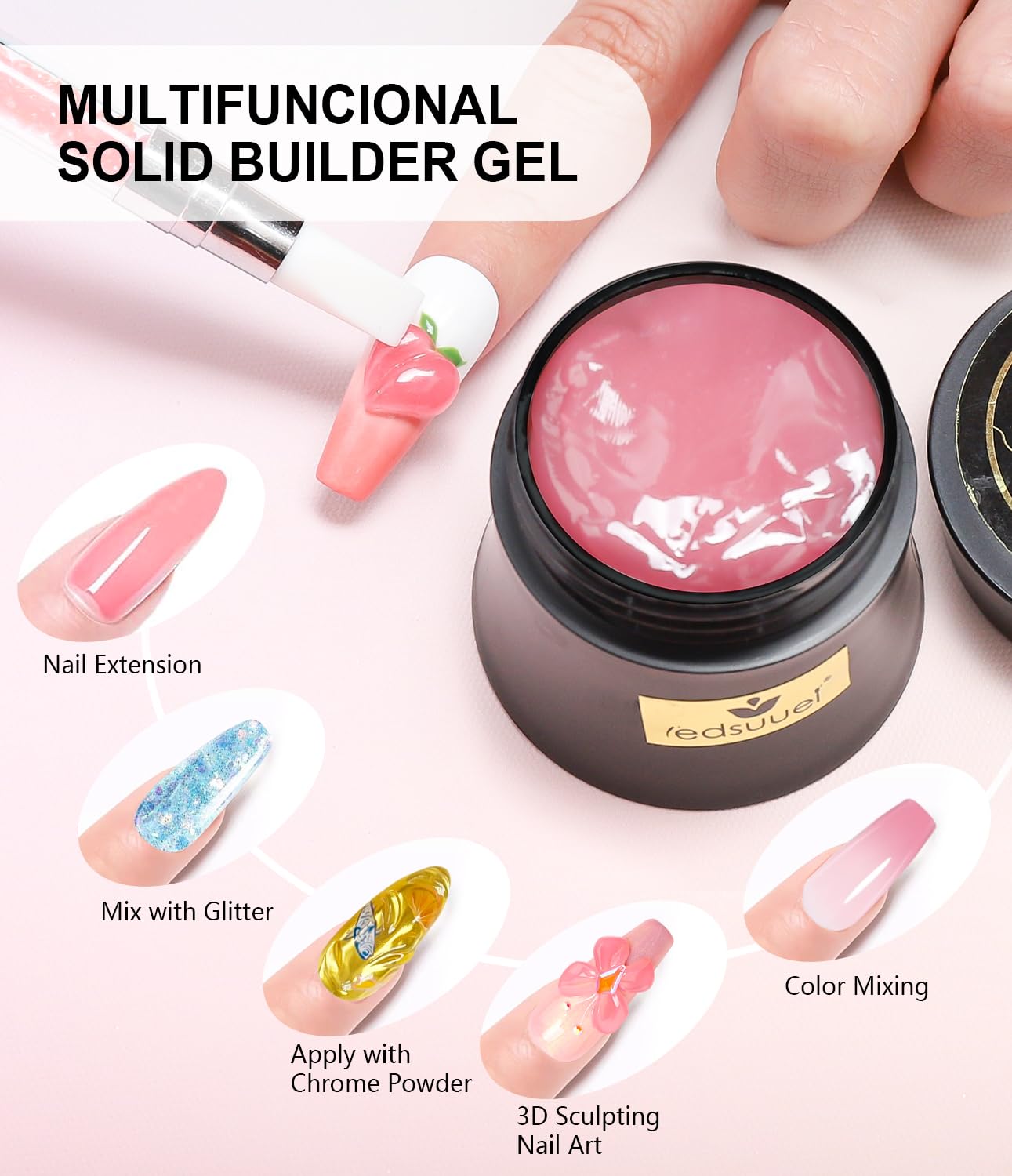 Solid Builder Gel for Nails LEDSUUEI - Pink 3D Nail Gel Sculpting Non-Sticky Hand Carving Glue Extension for Manicure Salon Home Decoration DIY 20g