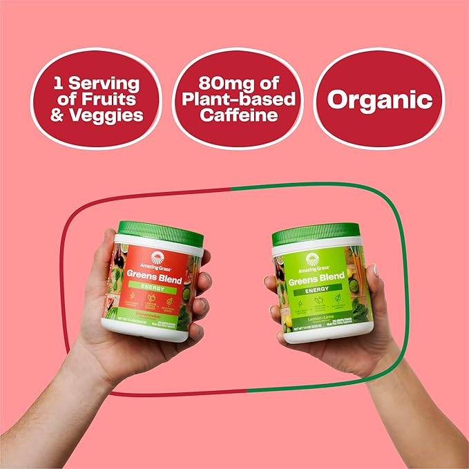 Amazing Grass Greens Superfood Energy: Greens Powder with Plant Based Caffeine, Matcha Green Tea & Beet Root Powder, Watermelon, 60 Servings (Packaging May Vary)