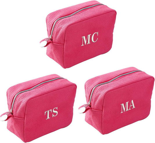GOPHIE Personalized Embroidered Makeup Bag,Custom Waffle Fabric Cosmetic Pouch for Women, Travel Makeup Pouch (3, Hot Pink)