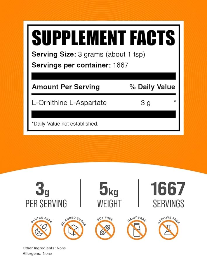BulkSupplements.com L-Ornithine L-Aspartate Powder - Ornithine Supplement, Ornithine Powder - Amino Acid Supplement, Gluten Free, 3g per Serving, 5kg (11 lbs) (Pack of 5)