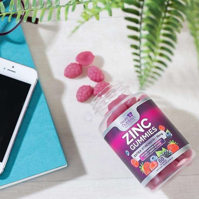 Zinc Gummy for Adults 50mg, Max Strength Bone, Skin & Immune Support Zinc Gummies, Vegan, Non-GMO & Gluten Free, Immune Health Support, Nature’s Antioxidant Chewable Zinc Vitamins - 60 Gummies