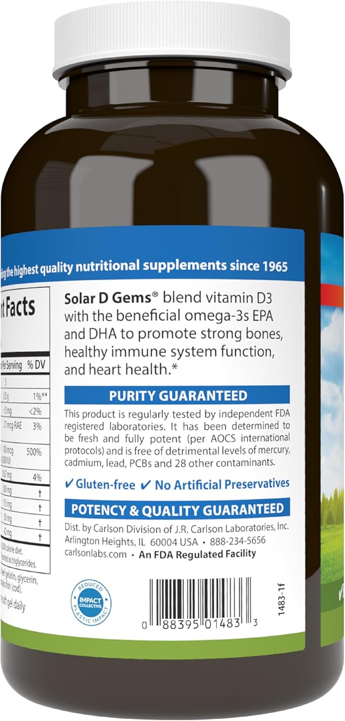 Carlson - Solar D Gems, Vitamin D3 and Omega-3 Supplement, 4000 IU (100 mcg) D3, 115 mg Omega-3 EPA and DHA, Vitamin D Fish Oil Capsule, Bone & Immune Health, Vitamin D Supplement, Lemon, 360 Softgels