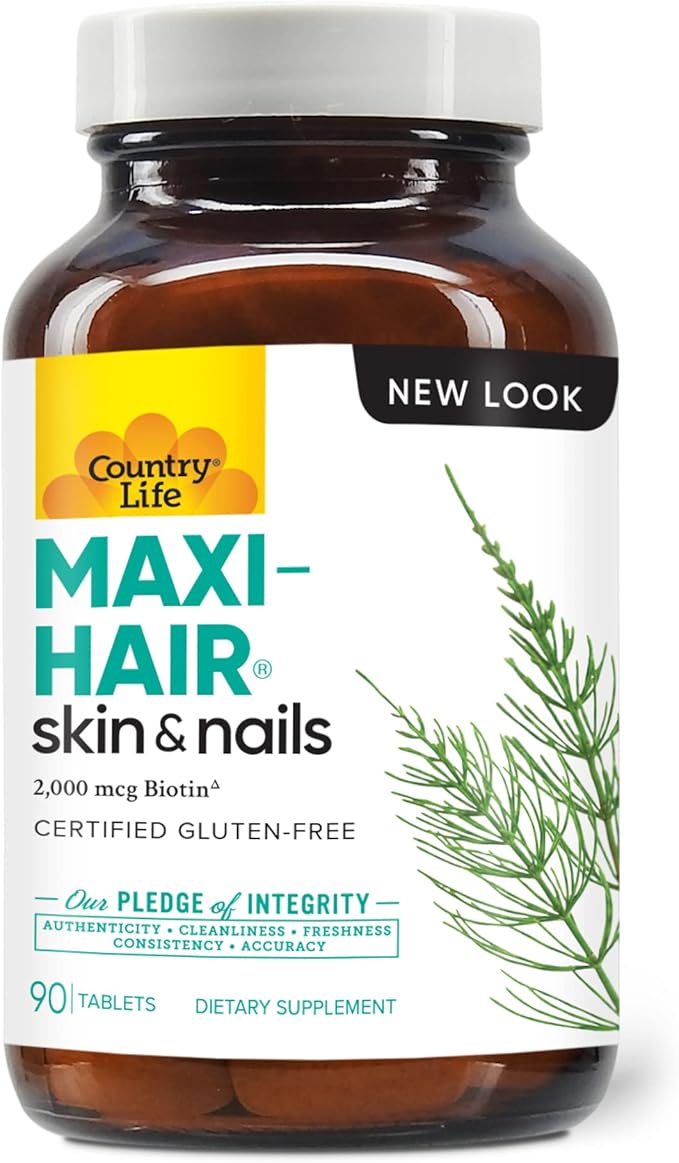 Country Life Maxi-Hair Supplement - 2000mcg Biotin & Vitamins for Hair, Skin & Nails - Certified Gluten-Free & Vegetarian - Supports Hair Growth, 90 Tablets