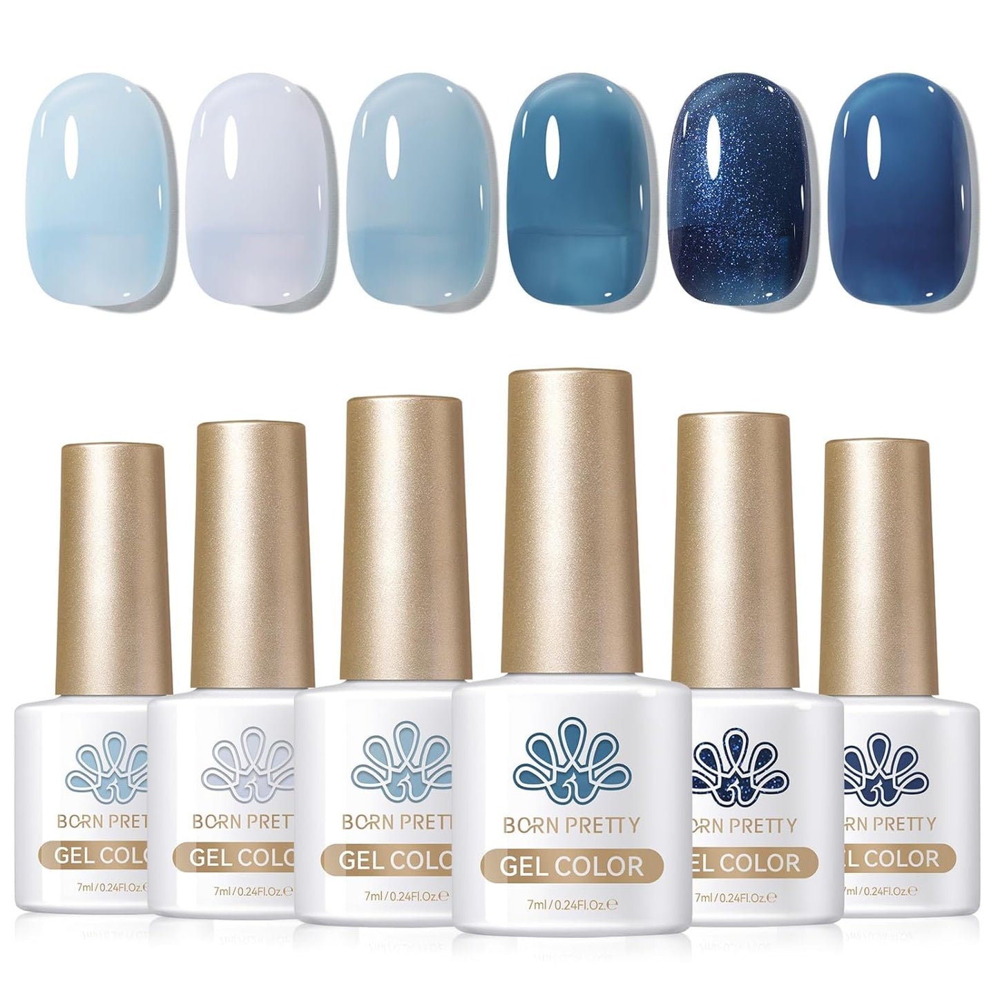 BORN PRETTY Jelly Blue Gel Nail Polish Set 6 Colors Translucent Light Blue Baby Blue Royal Blue Reflective Glitter Blue Nail Gel Kit Soak Off Nail Art Manicure Design Home Salon Holiday Gift