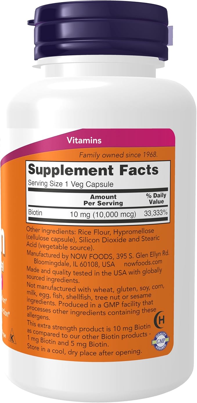 NOW Foods Supplements, Biotin 10 mg (10,000 mcg), Extra Strength, Energy Production*, 120 Veg Capsules