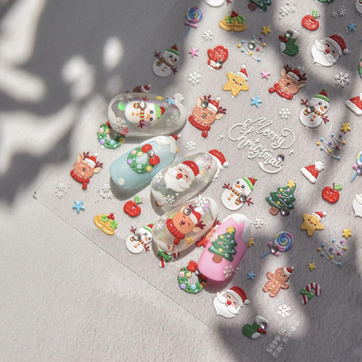 Christmas Nail Art Sticker 5D Embossed Xmas Nail Art Decals Santa Claus Elk Snowman Rhinestone Design Holiday Nail Supplies Winter Manicure Decoration for Women Girls