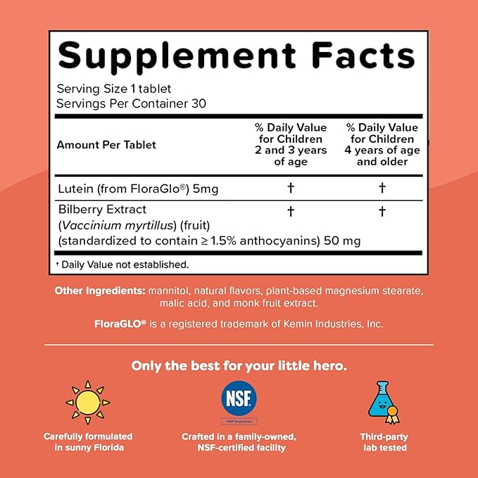 Renzo's Eye Spy Lutein with Bilberry Extract – Dissolvable Kids Vitamins for Eye Health - Sugar-Free Eye Supplements, 30 Orange-Flavored Melty Tabs