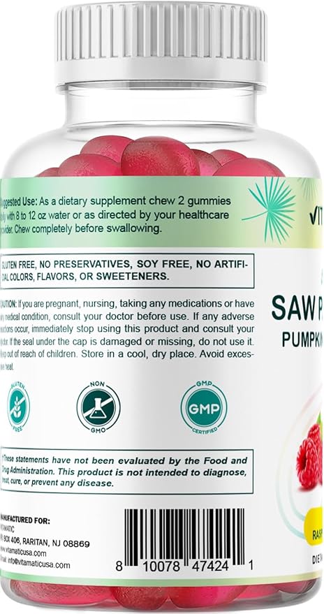 Vitamatic Sugar Free Saw Palmetto with Pumpkin Seed - 3000 mg Equivalent per Serving - Natural Raspberry Flavor - 60 Count