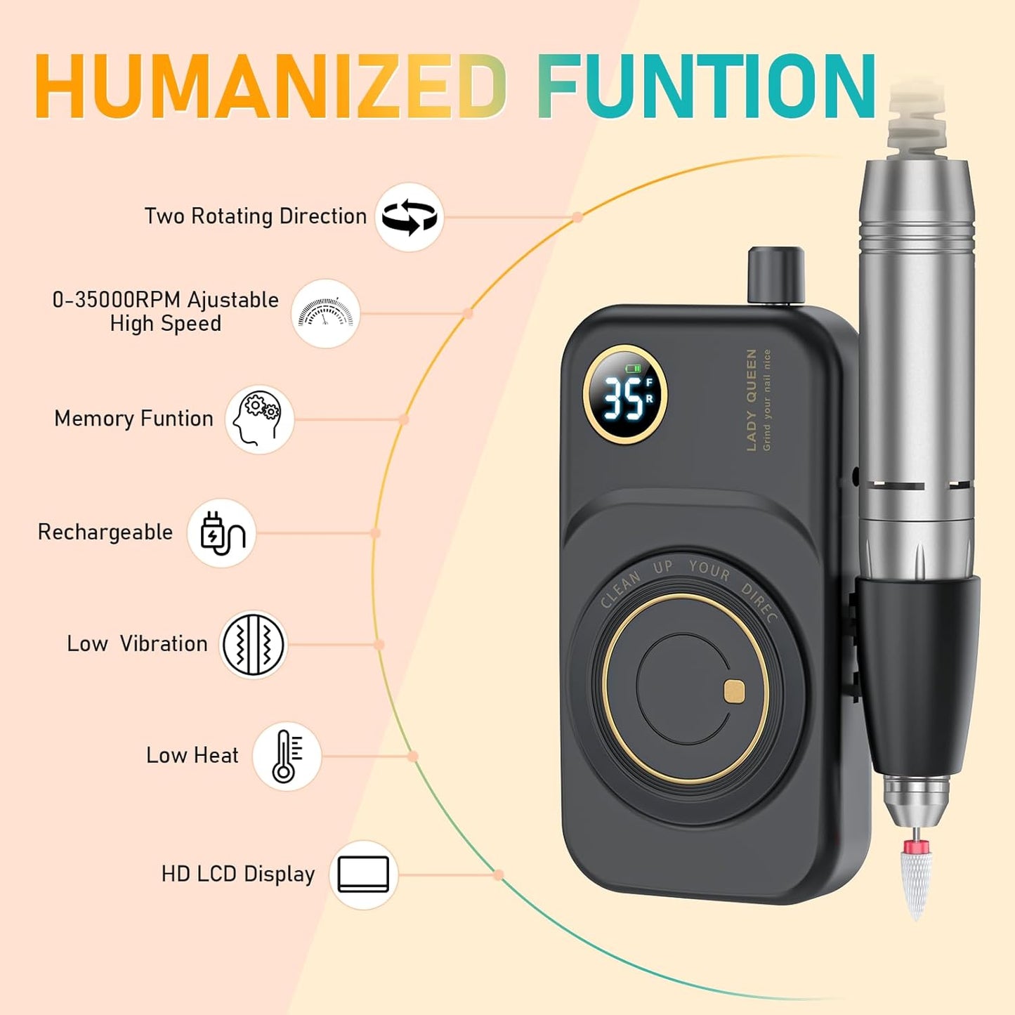 Portable Nail Drill Electric File: 35000RPM Professional Rechargeable Nail E File Machine,for Acrylic Nails Gel Polishing Removing, Cordless Efile with Bits Kit for Manicure Salon Home (Black)