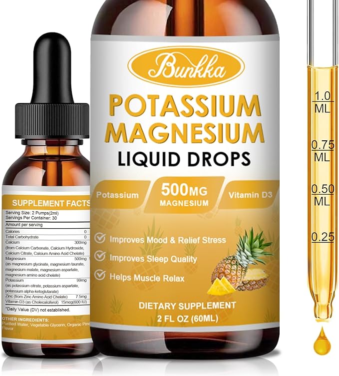 Potassium Magnesium Supplement, 99mg Potassium Supplement with Magnesium, Calcium, Vitamin D3, Zinc, Sugar Free & Vegan Liquid Drops Supplement for Leg Cramps, Energy, Metabolism, for Adult and Kid