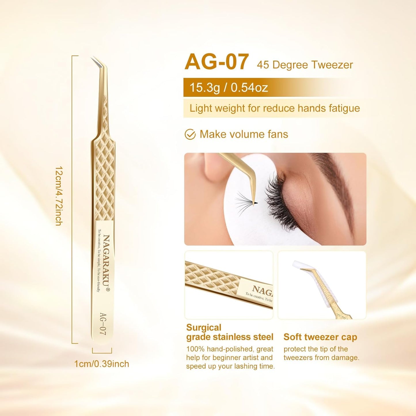 NAGARAKU Precision Fiber Tip Tweezer for Eyelash Extensions Diamond Grip Anti-Static Anti-Slip Premium Gold Stainless Steel Curved Volume Eyelashes Tweezers Supplies with Box(45 Degree Tweezer AG-07)