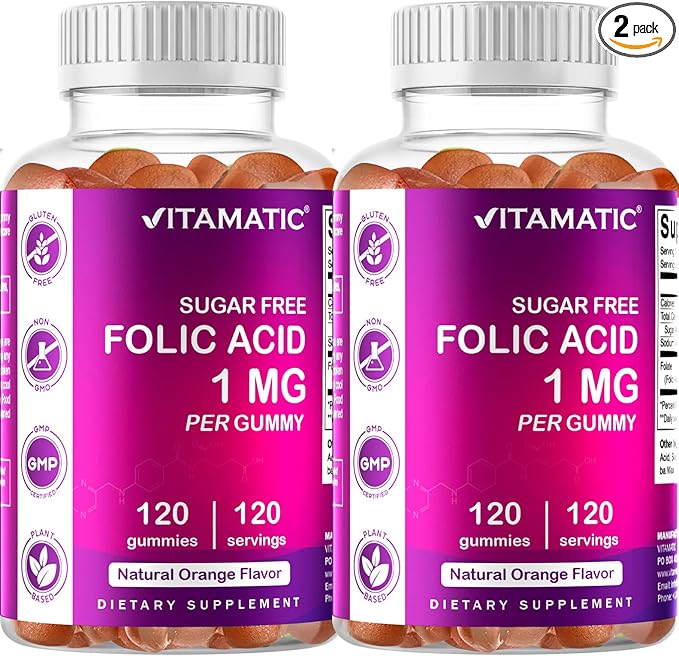 2 Pack Vitamatic Folic Acid Gummies 1000 mcg (1 mg) - an Essential Prenatal Vitamins for Mom & Baby - Vitamin B9 - 120 Vegan Gummies