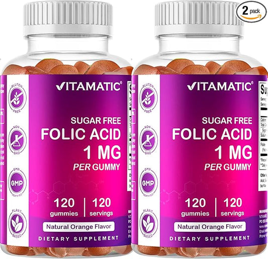 2 Pack Vitamatic Folic Acid Gummies 1000 mcg (1 mg) - an Essential Prenatal Vitamins for Mom & Baby - Vitamin B9 - 120 Vegan Gummies