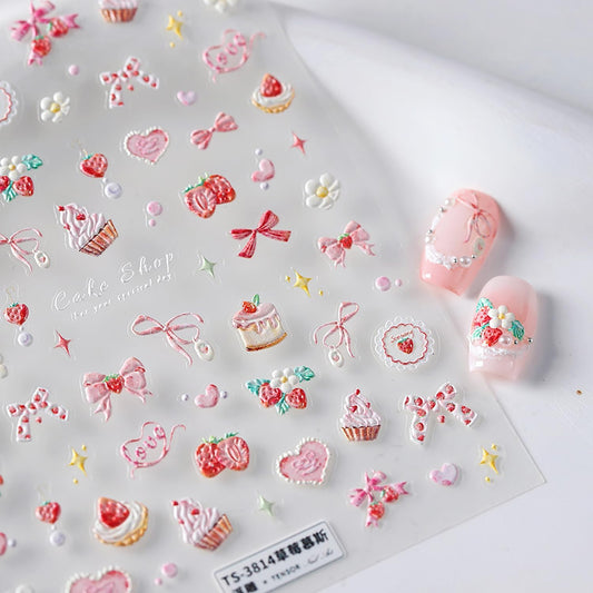 5D Embossed Bow Nail Stickers Pink Bow Nail Decals for Acrylic Nails Designs Self Adhesive Pink Star Cake Flower Nail Art Stickers Cute Bow Nail Art Supplies for Women Nail Accessores