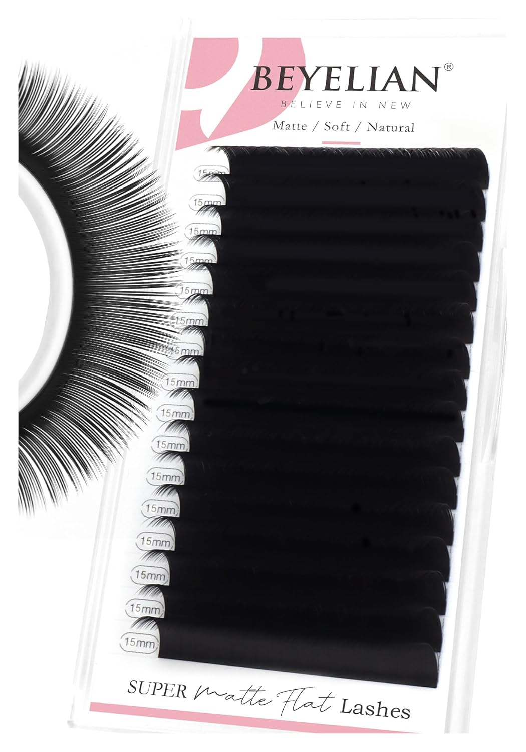BEYELIAN Flat Eyelash Extension, Ellipse Lash Extensions 0.20 D Curl 15mm 16 Rows Matte Black Eyelash Extension Supplies Classic Lash Extensions Individual Eyelashes Salon Use