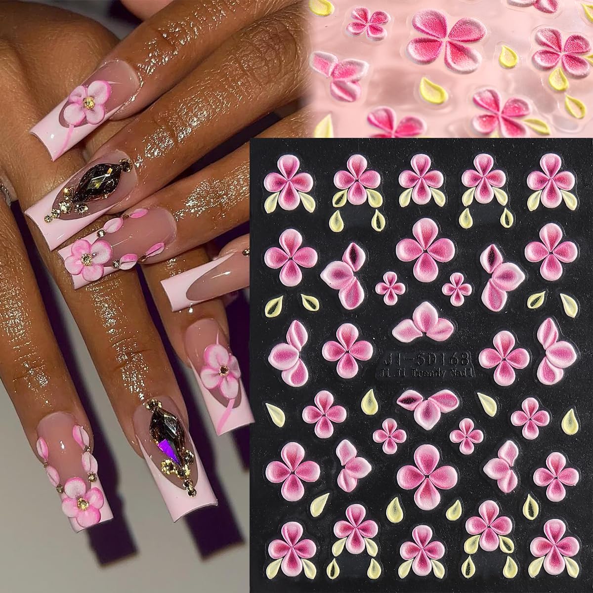 5D Embossed Flower Nail Stickers, 5PCS Colorful Floral Nail Art Stickers Pink Cherry Blossom Hibiscus Daisy Nail Decals Self-Adhesive Pegatinas para Uñas Spring Summer Decoration