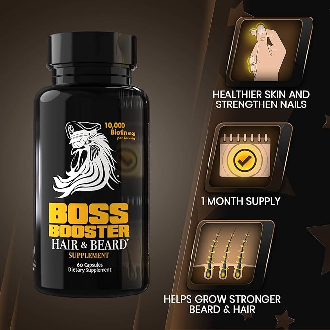 Bossman Boss Booster - Beard Growth Supplement Products for Men - 10,000 MCG Biotin and MSM - Hair Growth Vitamins and Beard Care