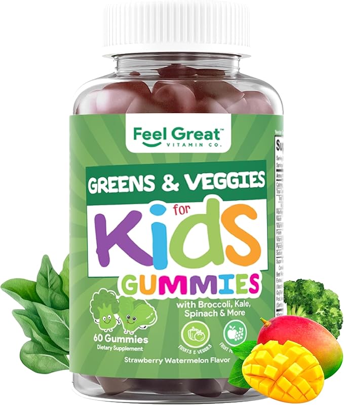 Feel Great Super Green Gummies for Kids | Fruit and Vegetable Gummies | Vegan Veggie Gummy Multivitamin for Kids | Veggie Fiber Supplement | 60 Count